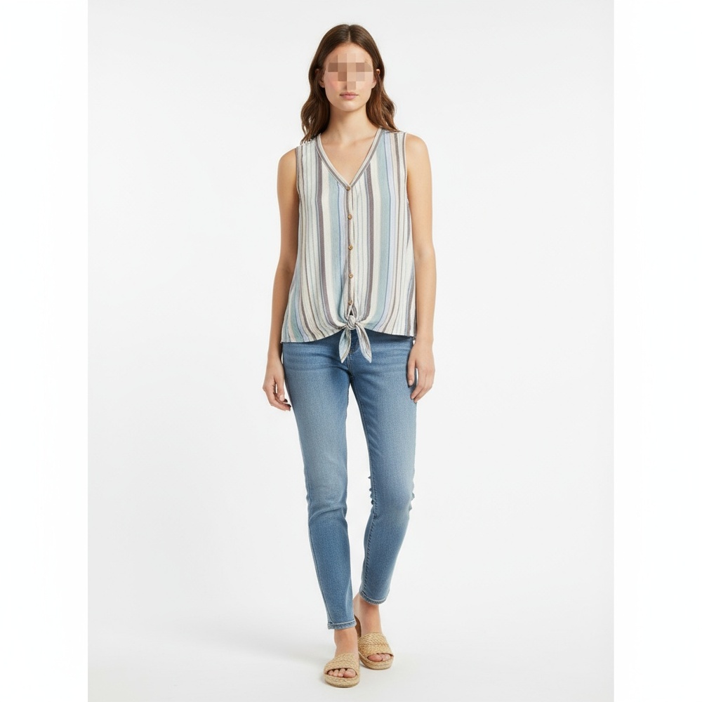 Rachel Zoe Large Gray‎ Blue Striped V-Neck Tie Front Coastal Boho Blouse